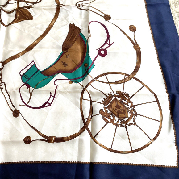 Silky 34" square scarf elegant carriage buggy hunting horn motif navy gold cream - Picture 3 of 6